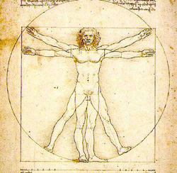 L'Uomo Vitruviano: Leonardo interpreta l'estensione del corpo umano con figure geometriche [http://elegon.stanford.edu:8080/summit/pub/gallery/gallery_images/mandala.jpg]